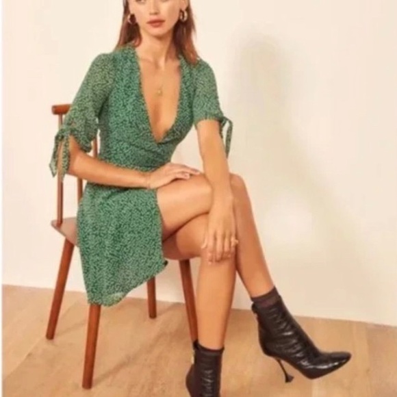 Reformation Mini Green Floral Wrap Dress - Picture 4 of 8